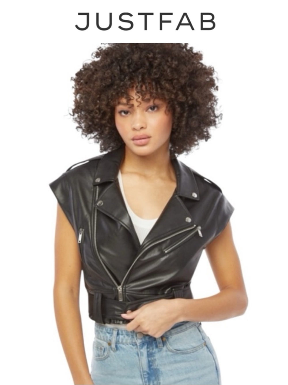 NWT JUSTFAB BLACK FAUX LEATHER MOTO VEST CROPPED BIKER JACKET SIZE XL